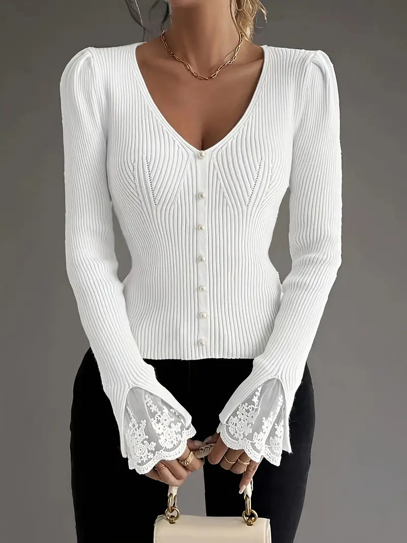 Ribbed V-Neck Top with Lace Sleeves