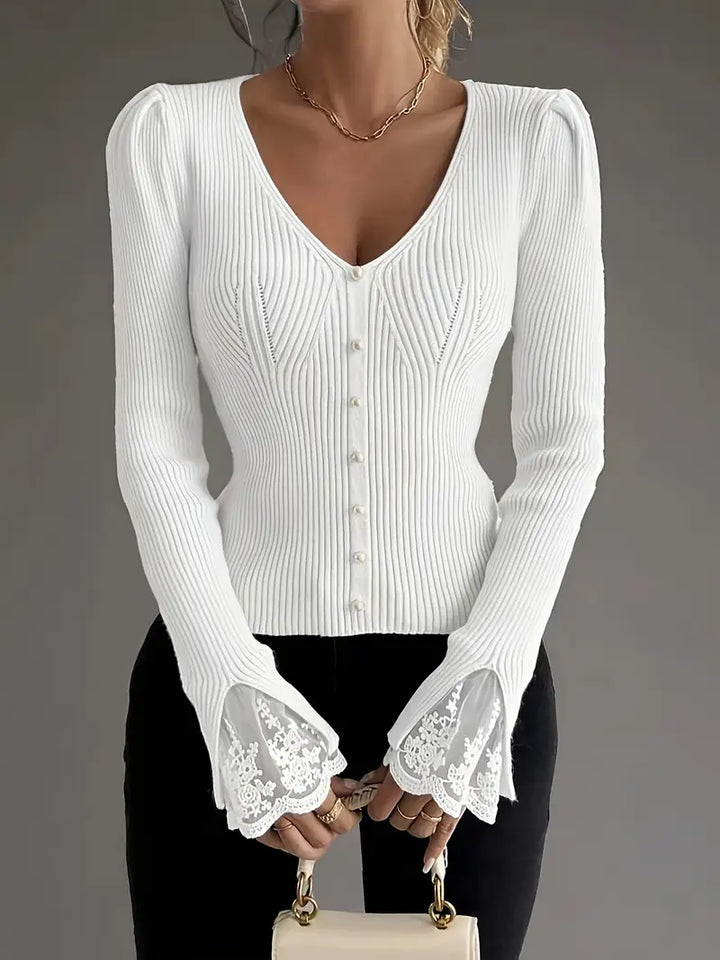 Ribbed V-Neck Top with Lace Sleeves