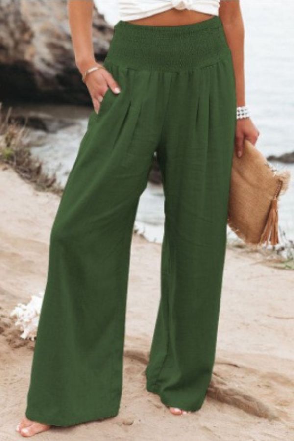 Pam | High-Waisted Smocked Waist Trousers - Lightweight & Flowing Fit
