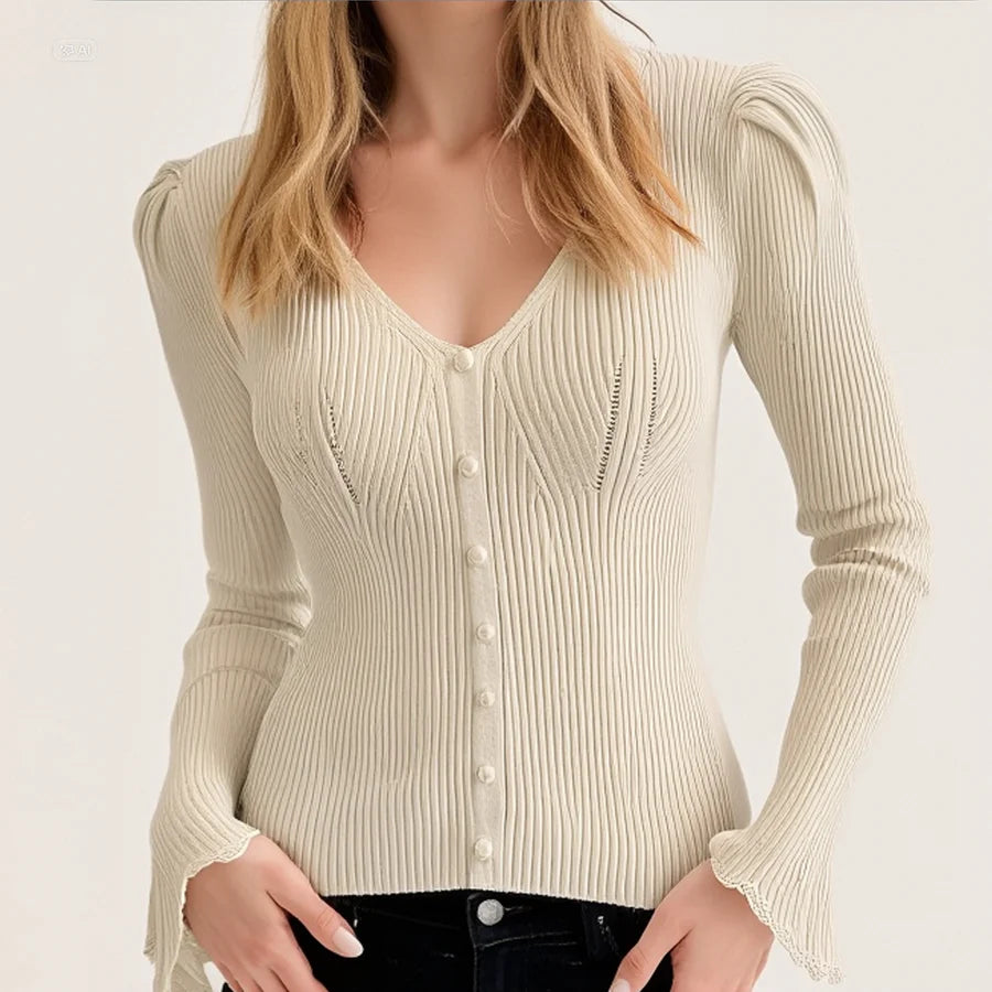 Ribbed V-Neck Top with Lace Sleeves