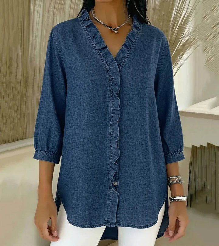 Adele | Fluid Denim Blouse with V-Neck and Ruffle Detail