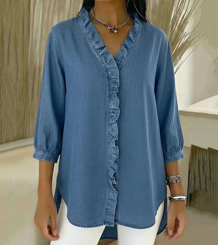 Adele | Fluid Denim Blouse with V-Neck and Ruffle Detail