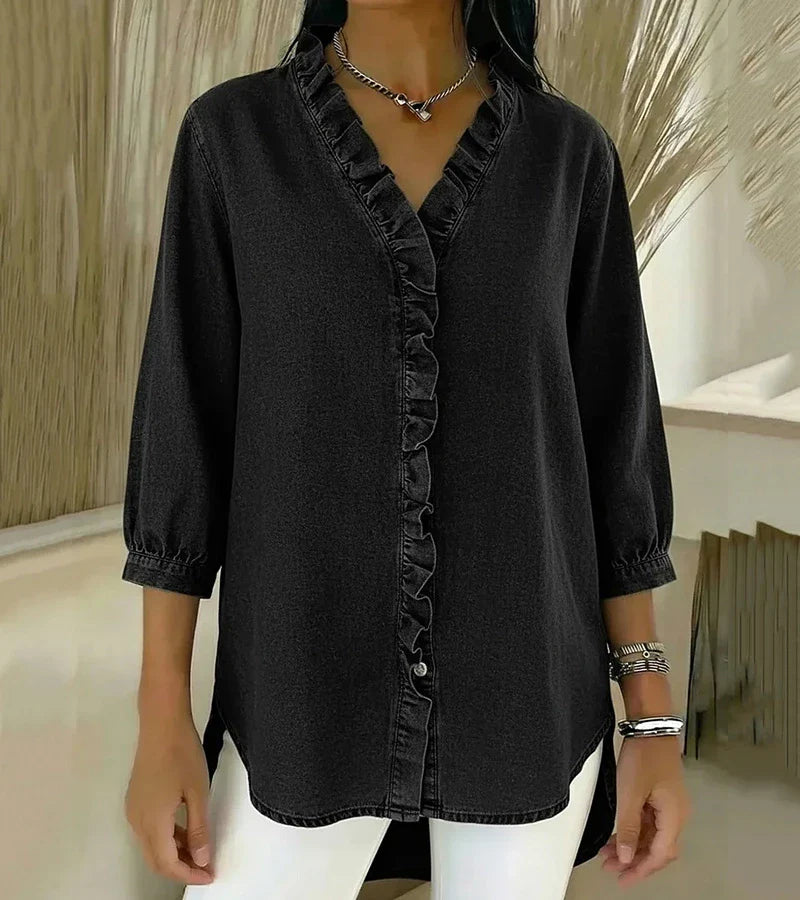 Adele | Fluid Denim Blouse with V-Neck and Ruffle Detail