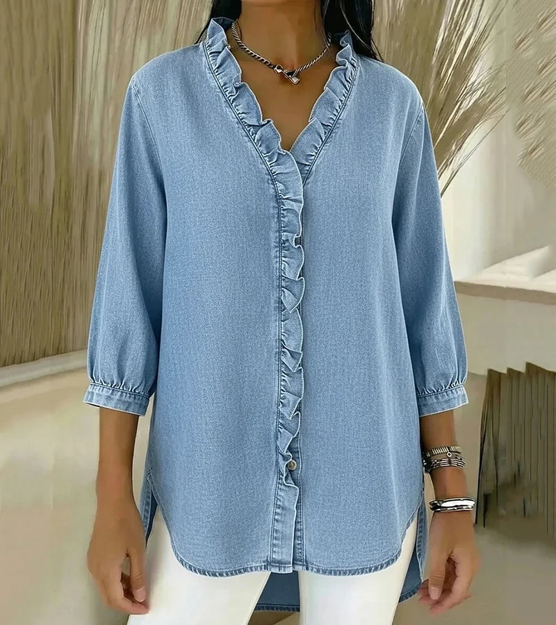 Adele | Fluid Denim Blouse with V-Neck and Ruffle Detail