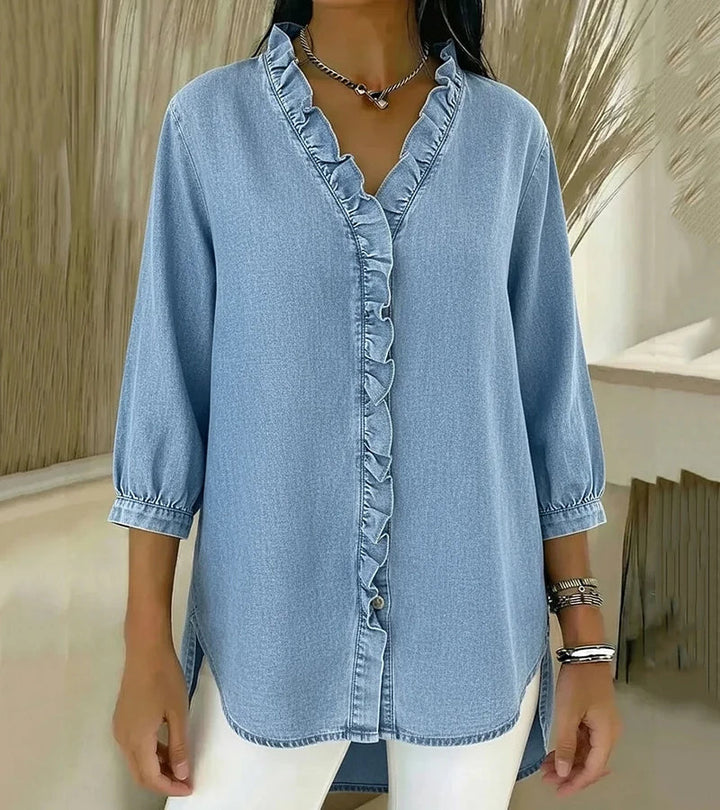 Adele | Fluid Denim Blouse with V-Neck and Ruffle Detail