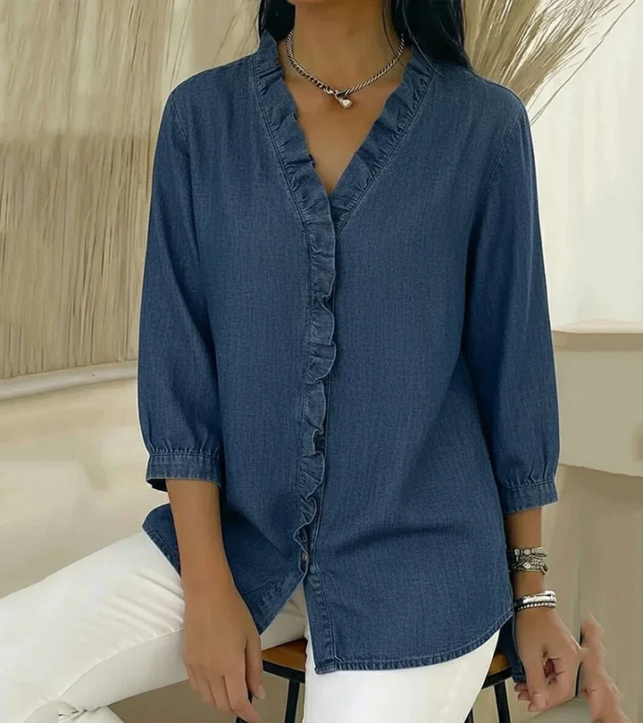 Adele | Fluid Denim Blouse with V-Neck and Ruffle Detail
