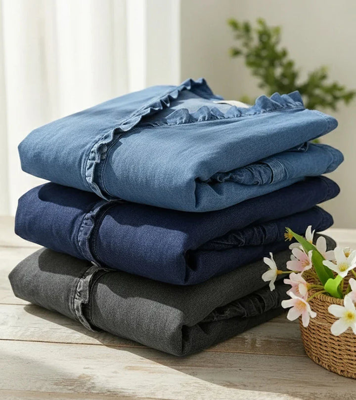 Adele | Fluid Denim Blouse with V-Neck and Ruffle Detail