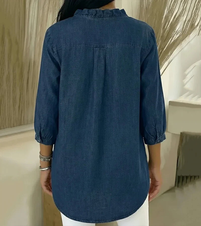 Adele | Fluid Denim Blouse with V-Neck and Ruffle Detail