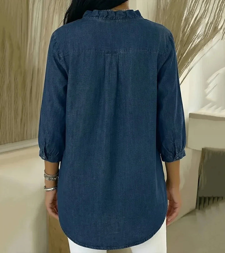 Adele | Fluid Denim Blouse with V-Neck and Ruffle Detail