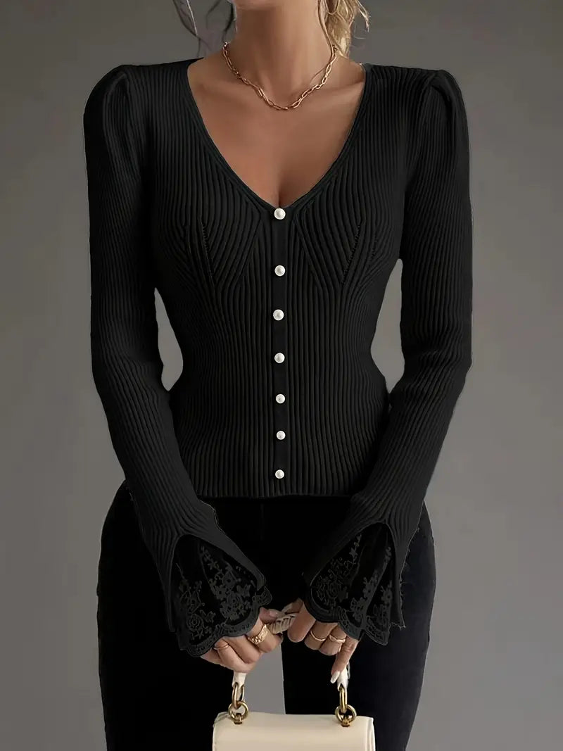 Ribbed V-Neck Top with Lace Sleeves