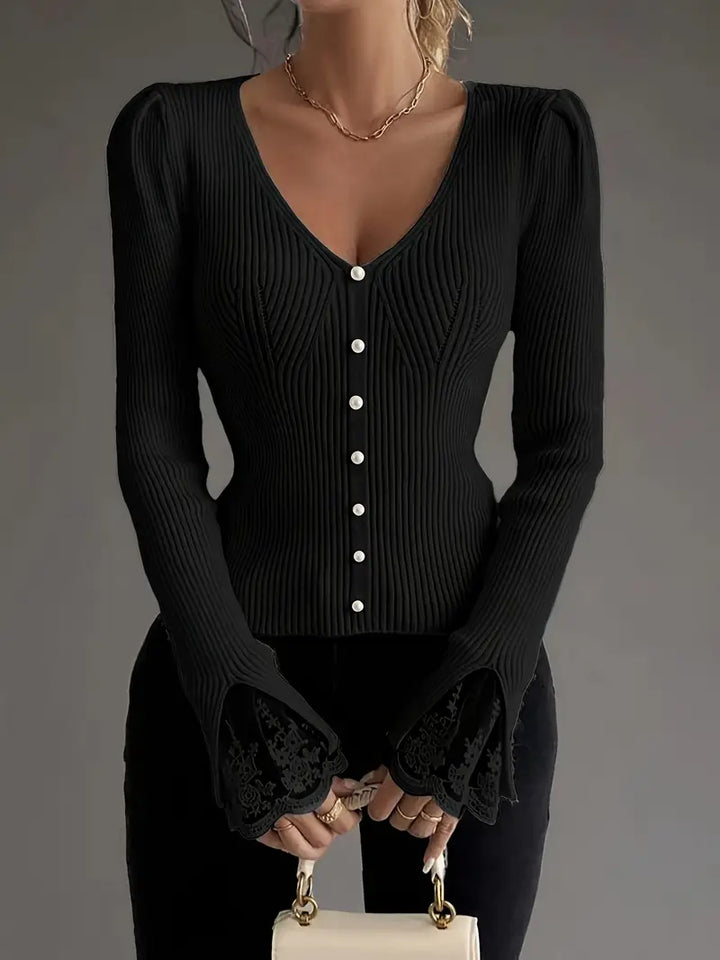 Ribbed V-Neck Top with Lace Sleeves