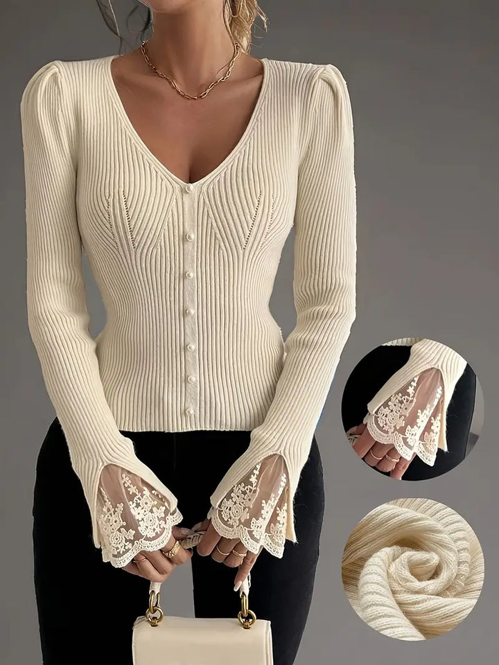 Ribbed V-Neck Top with Lace Sleeves