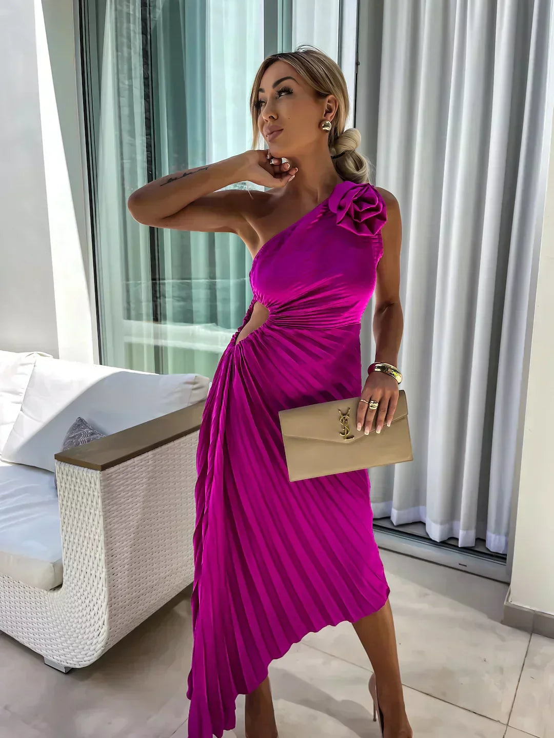 Mandy | Elegant Shoulder Pleated Dress