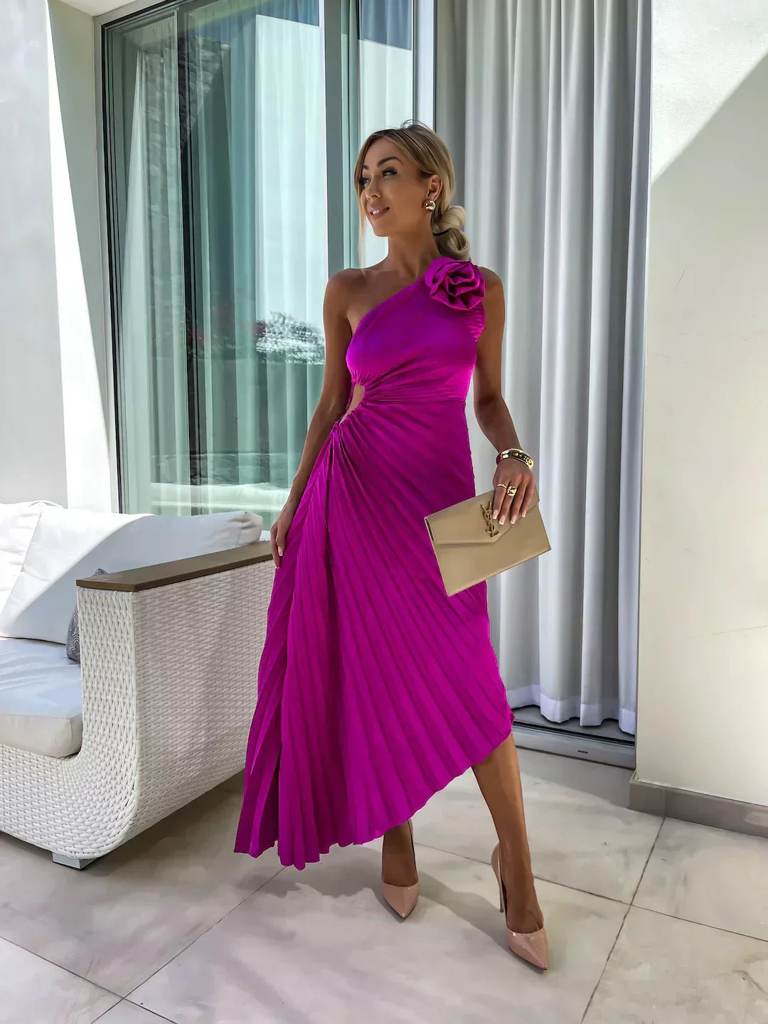 Mandy | Elegant Shoulder Pleated Dress