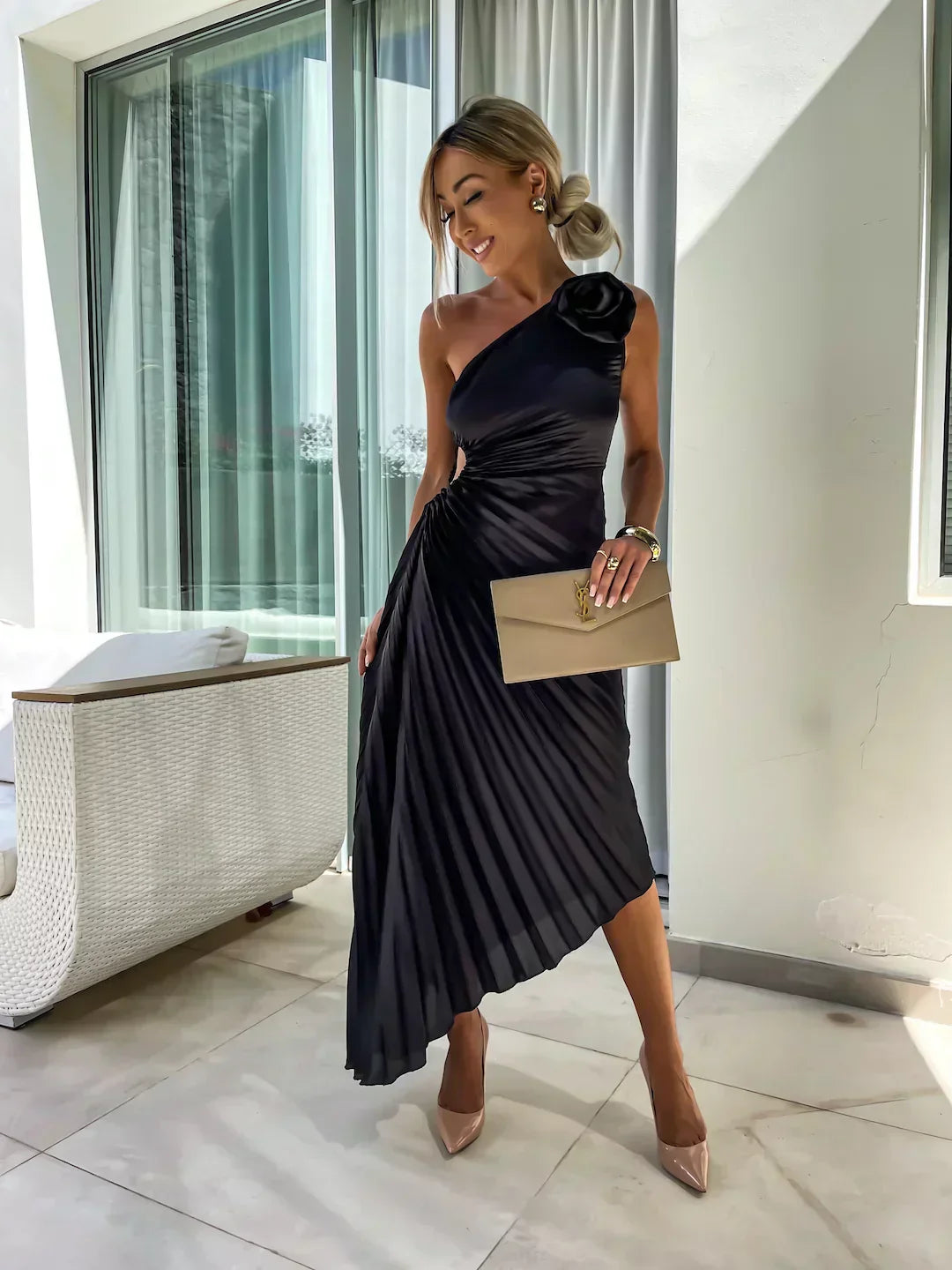 Mandy | Elegant Shoulder Pleated Dress