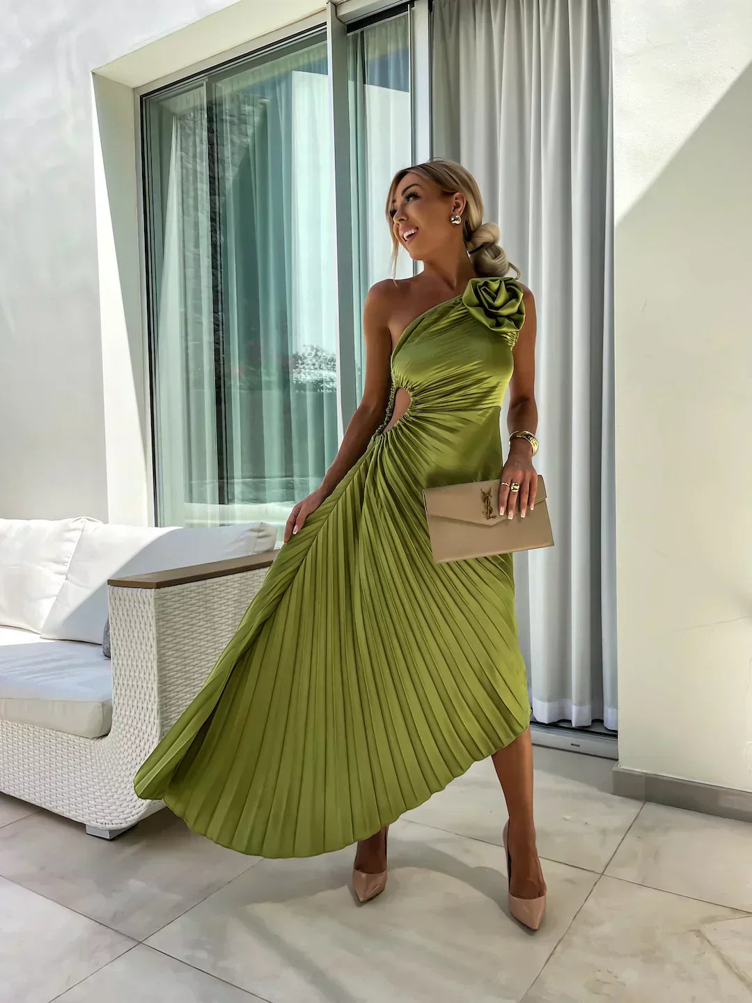 Mandy | Elegant Shoulder Pleated Dress